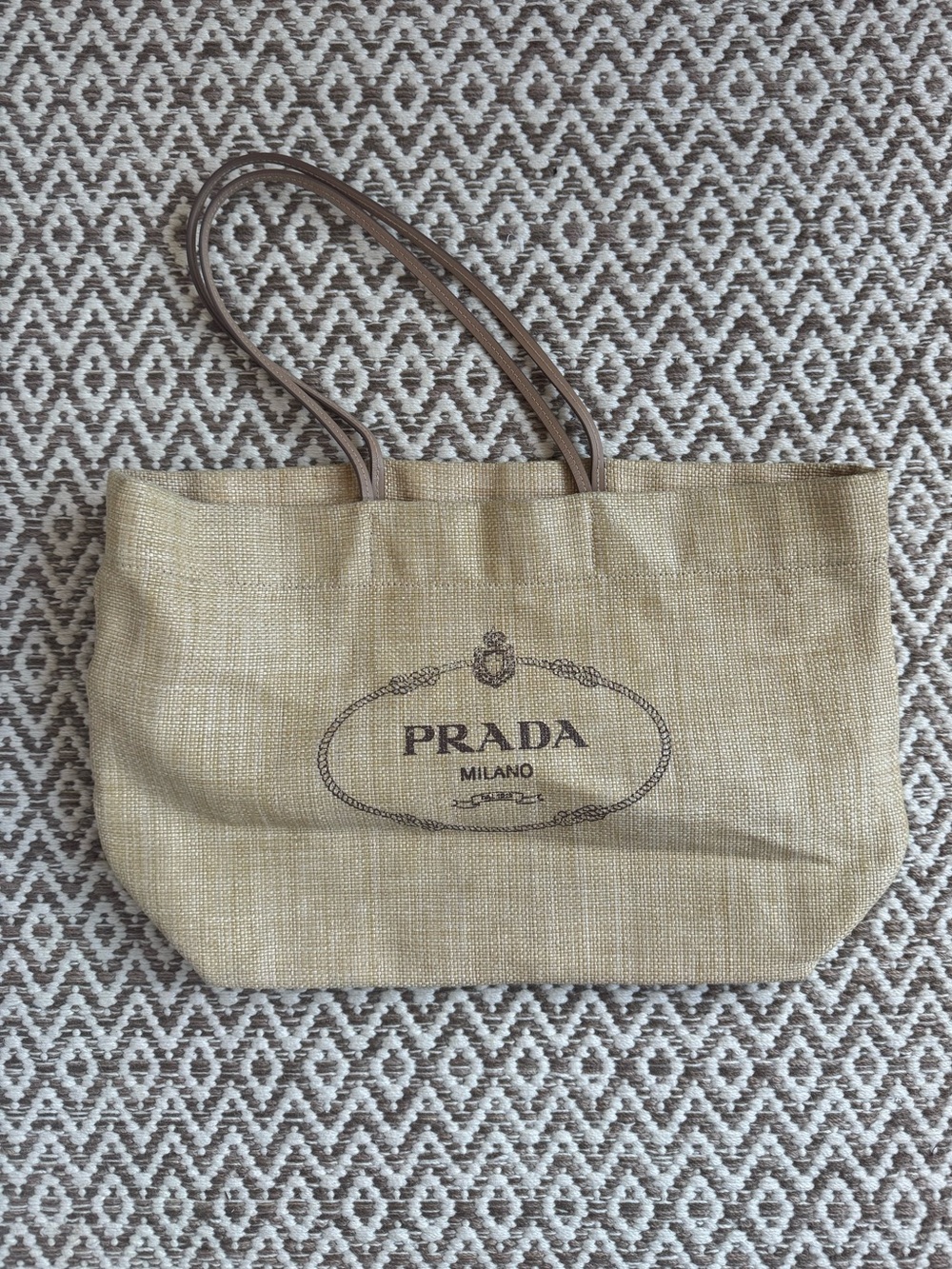 Prada Beige Canvas Beach Tote with Brown Leather Handles
